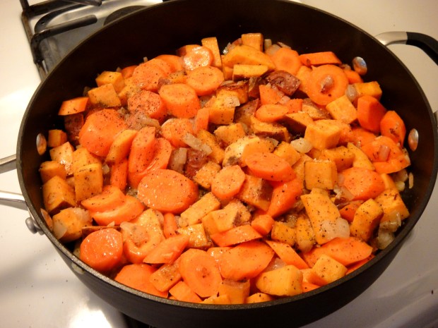 Onions, sweet potatoes and carrots