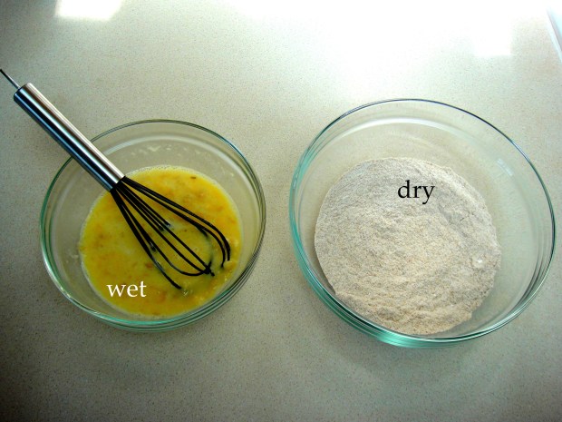 Wet and dry ingredients for pancakes Wet and dry ingredients for pancakes